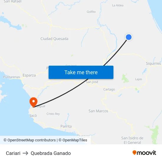 Cariari to Quebrada Ganado map