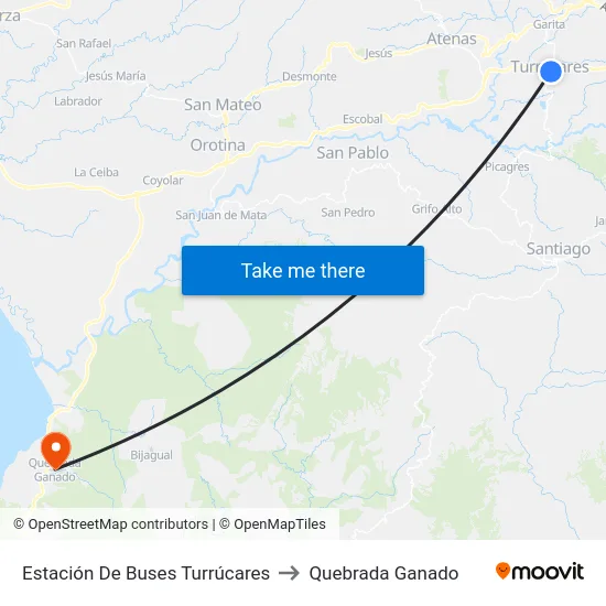 Estación De Buses Turrúcares to Quebrada Ganado map