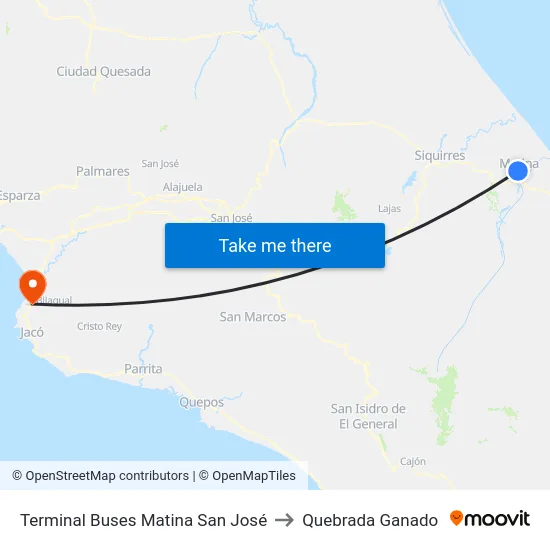 Terminal Buses Matina San José to Quebrada Ganado map