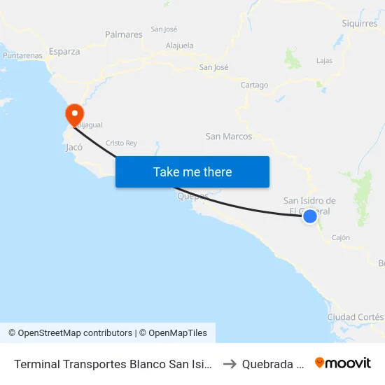 Terminal Transportes Blanco San Isidro, Pérez Zeledón to Quebrada Ganado map