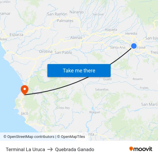 Terminal La Uruca to Quebrada Ganado map