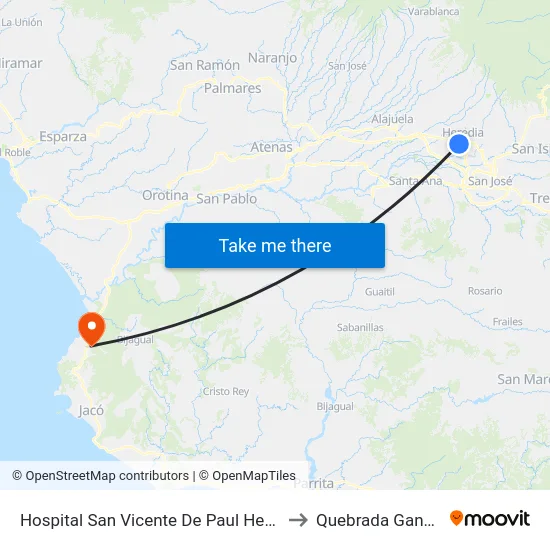 Hospital San Vicente De Paul Heredia to Quebrada Ganado map