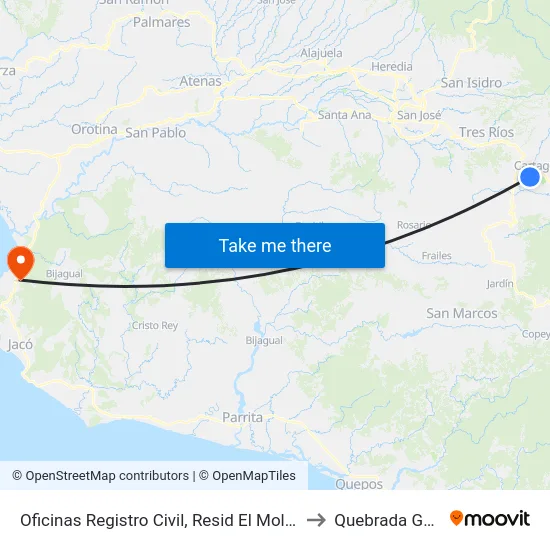 Oficinas Registro Civil, Resid El Molino Cartago to Quebrada Ganado map