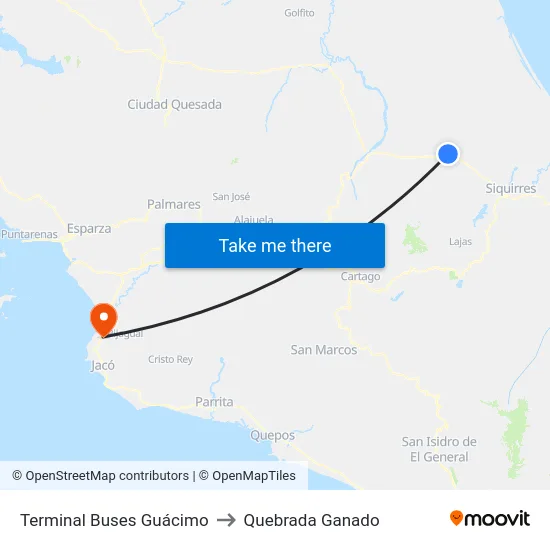 Terminal Buses Guácimo to Quebrada Ganado map