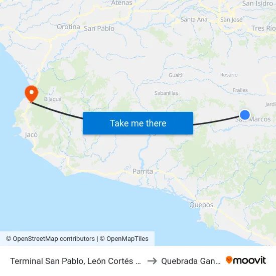 Terminal San Pablo, León Cortés Castro to Quebrada Ganado map