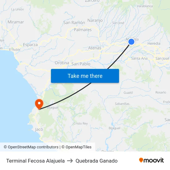 Terminal Fecosa Alajuela to Quebrada Ganado map