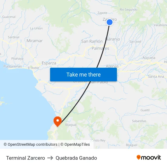 Terminal Zarcero to Quebrada Ganado map