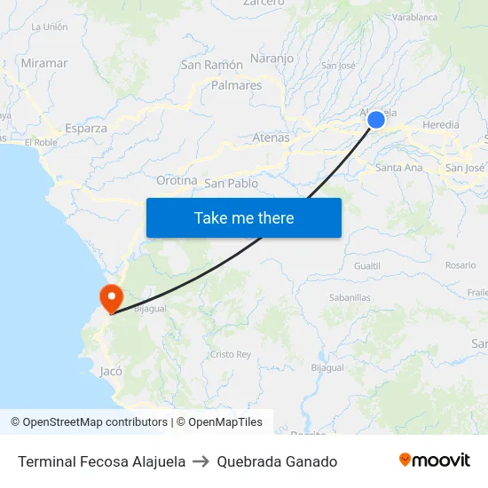 Terminal Fecosa Alajuela to Quebrada Ganado map