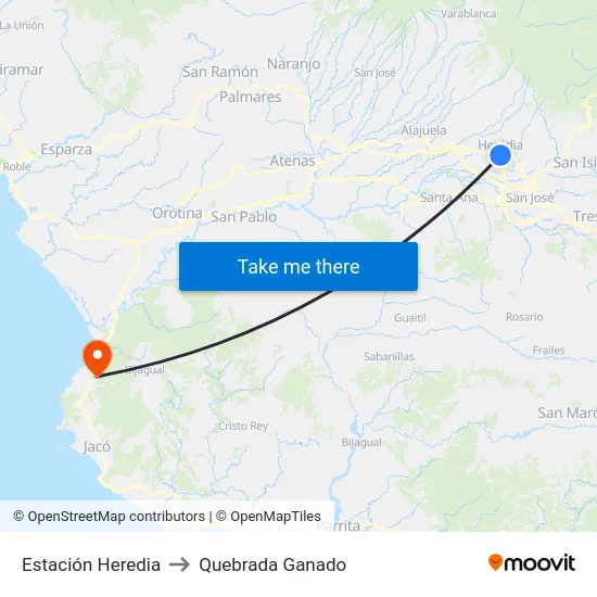 Estación Heredia to Quebrada Ganado map