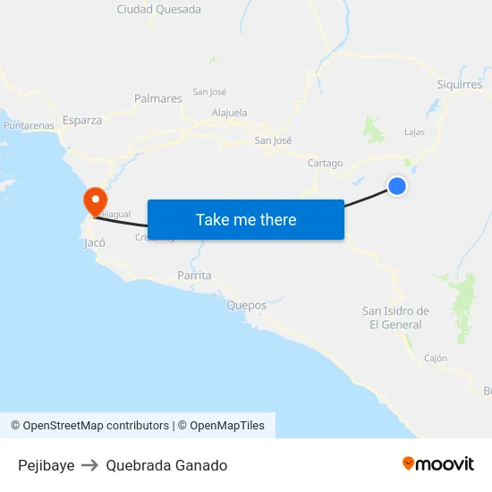 Pejibaye to Quebrada Ganado map