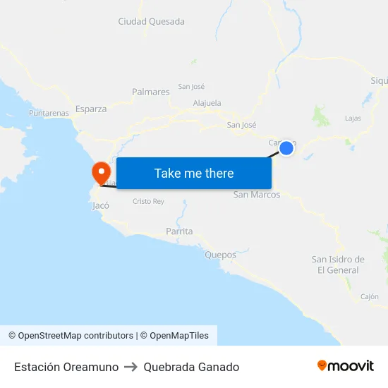 Estación Oreamuno to Quebrada Ganado map