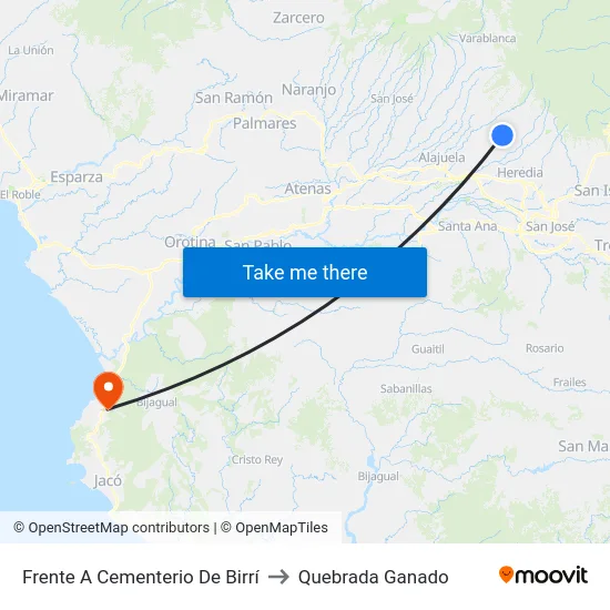 Frente A Cementerio De Birrí to Quebrada Ganado map