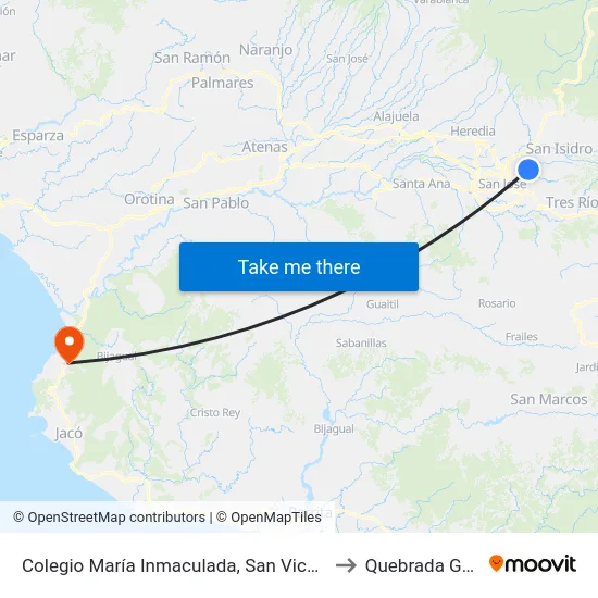 Frente Al Colegio María Inmaculada, San Vicente Moravia to Quebrada Ganado map