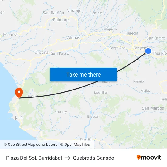 Frente A Plaza Del Sol, Curridabat to Quebrada Ganado map