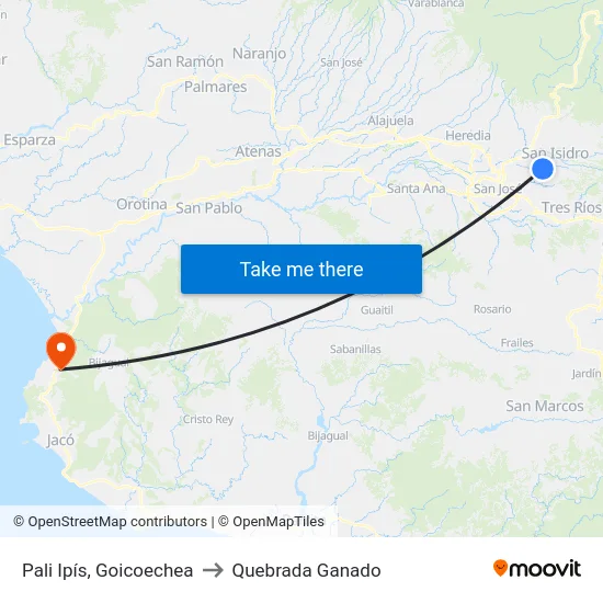 Pali Ipís, Goicoechea to Quebrada Ganado map
