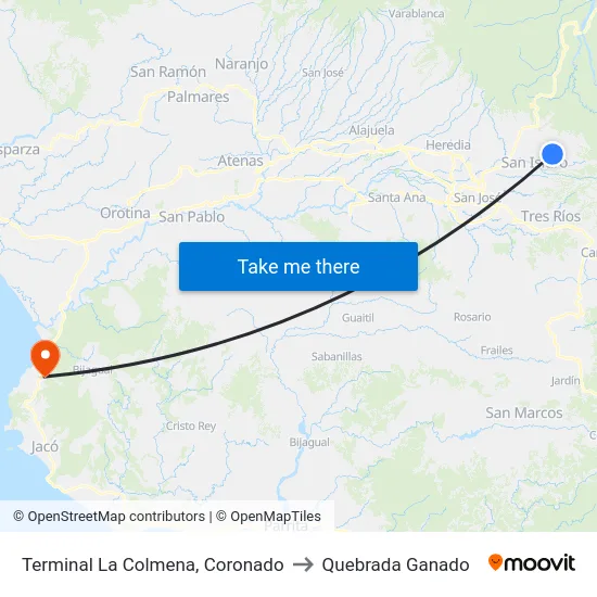 Terminal La Colmena, Coronado to Quebrada Ganado map