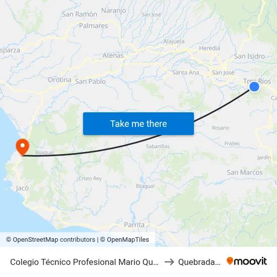 Colegio Técnico Profesional Mario Quirós, Tres Ríos La Unión to Quebrada Ganado map
