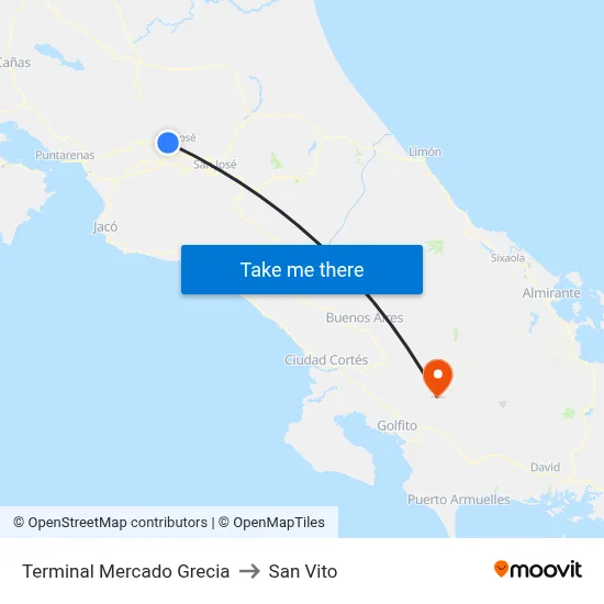 Terminal Mercado Grecia to San Vito map