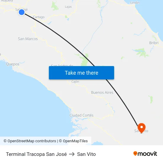 Terminal Tracopa San José to San Vito map
