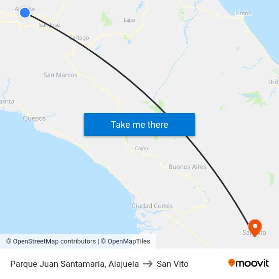 Parque Juan Santamaría, Alajuela to San Vito map