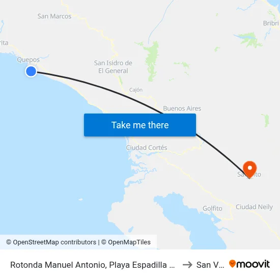 Rotonda Manuel Antonio, Playa Espadilla Quepos to San Vito map
