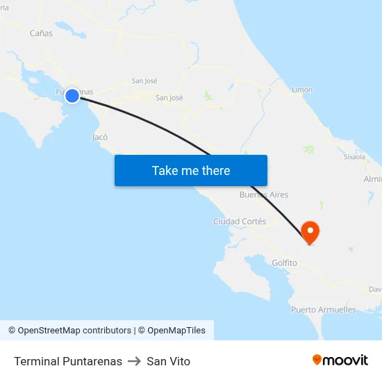 Terminal Puntarenas to San Vito map
