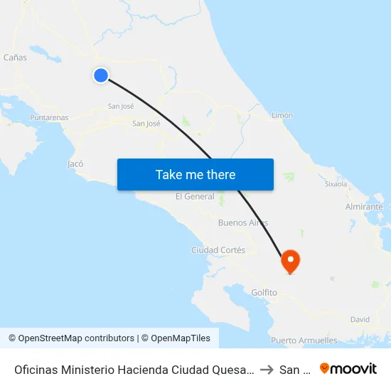 Oficinas Ministerio Hacienda Ciudad Quesada, San Carlos to San Vito map