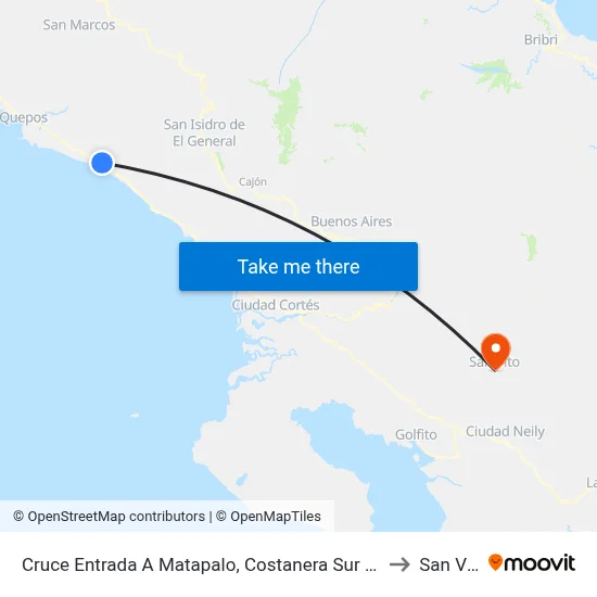 Cruce Entrada A Matapalo, Costanera Sur Quepos to San Vito map