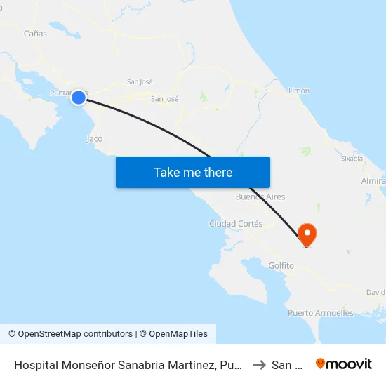 Hospital Monseñor Sanabria Martínez, Puntarenas to San Vito map