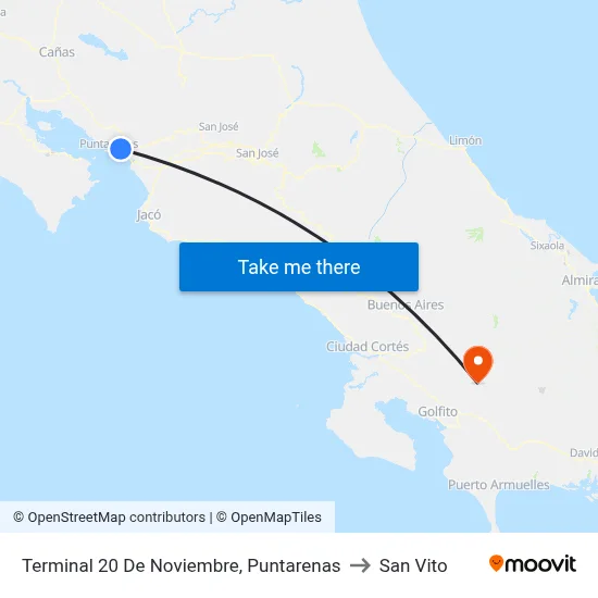 Terminal 20 De Noviembre, Puntarenas to San Vito map