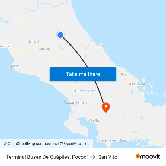Terminal Buses De Guápiles, Pococí to San Vito map