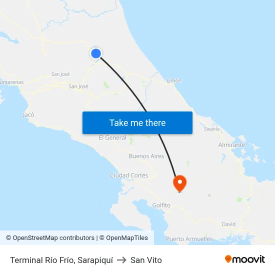 Terminal Río Frío, Sarapiquí to San Vito map