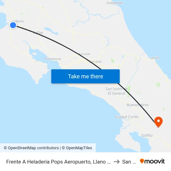 Frente A Heladería Pops Aeropuerto, Llano Grande Liberia to San Vito map