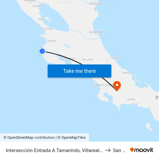 Intersección Entrada A Tamarindo, Villareal Santa Cruz to San Vito map