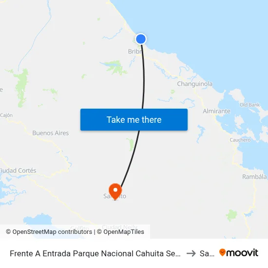 Frente A Entrada Parque Nacional Cahuita Sector Puerto Vargas, Corredor Caribe Talamanca to San Vito map