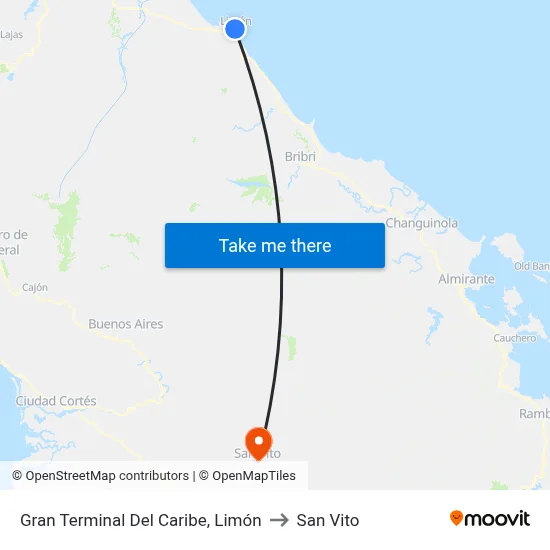 Gran Terminal Del Caribe, Limón to San Vito map