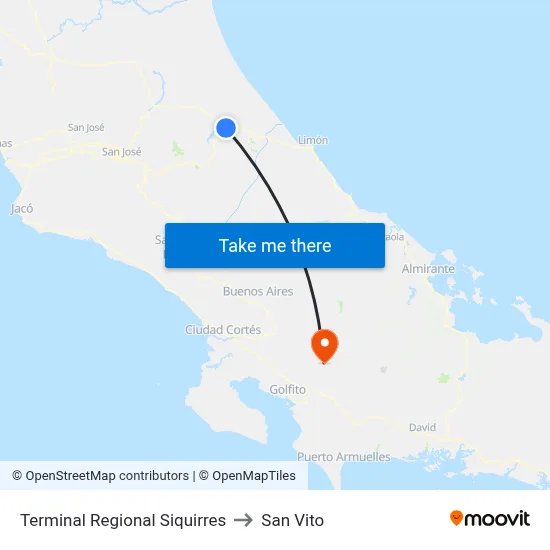 Terminal Regional Siquirres to San Vito map