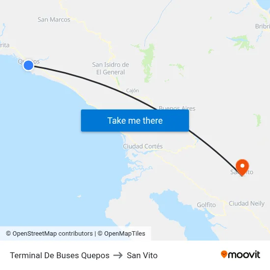 Terminal De Buses Quepos to San Vito map