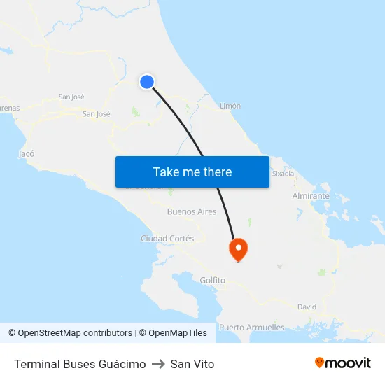 Terminal Buses Guácimo to San Vito map