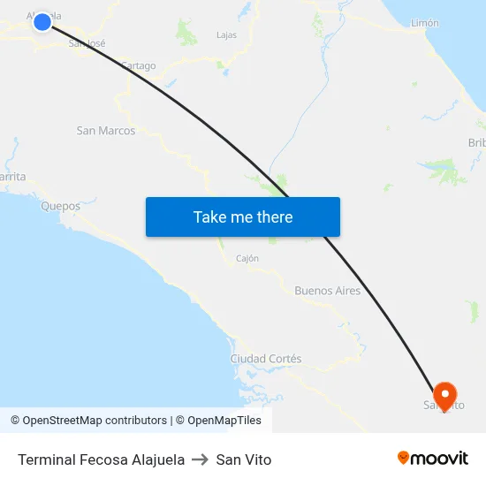 Terminal Fecosa Alajuela to San Vito map