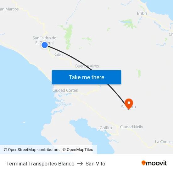 Terminal Transportes Blanco to San Vito map