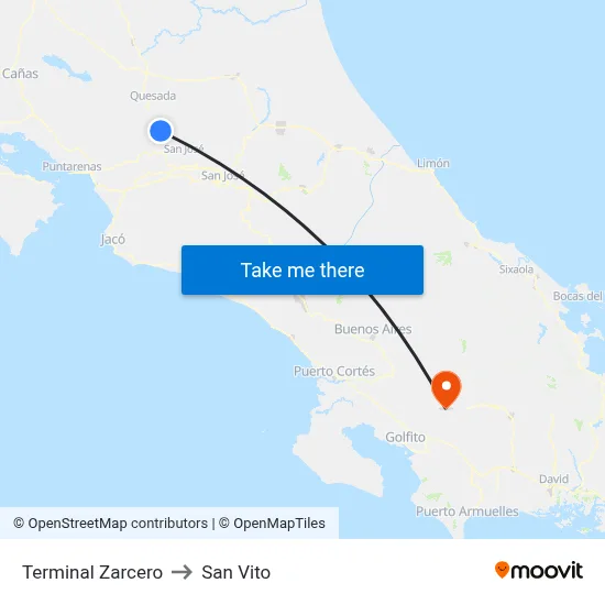 Terminal Zarcero to San Vito map