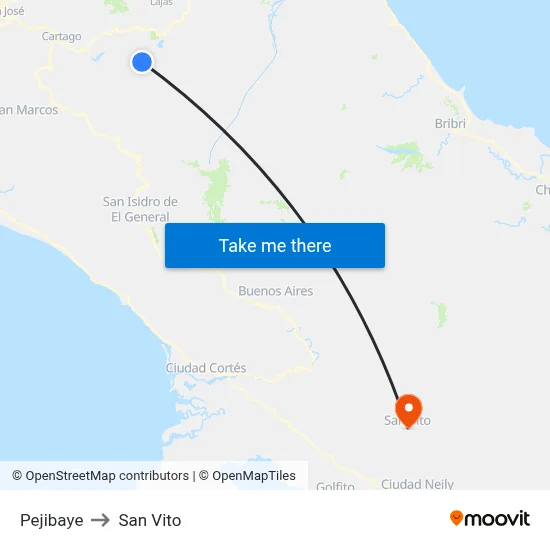Pejibaye to San Vito map