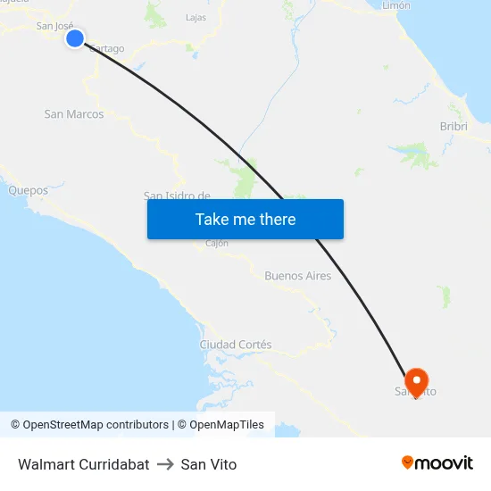 Walmart Curridabat to San Vito map