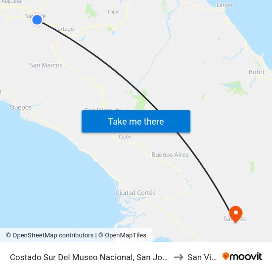 Costado Sur Del Museo Nacional, San José to San Vito map