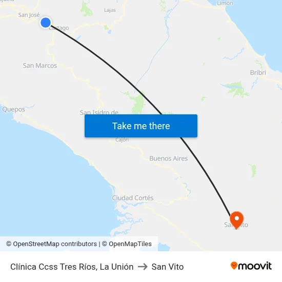 Clínica Ccss Tres Ríos, La Unión to San Vito map