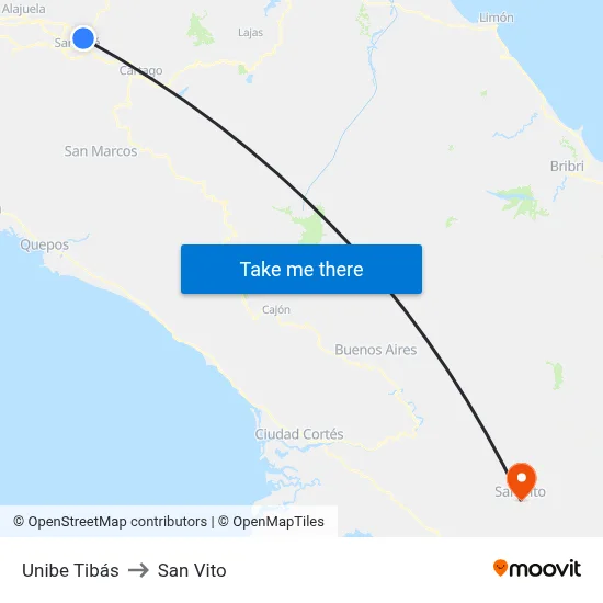 Unibe Tibás to San Vito map