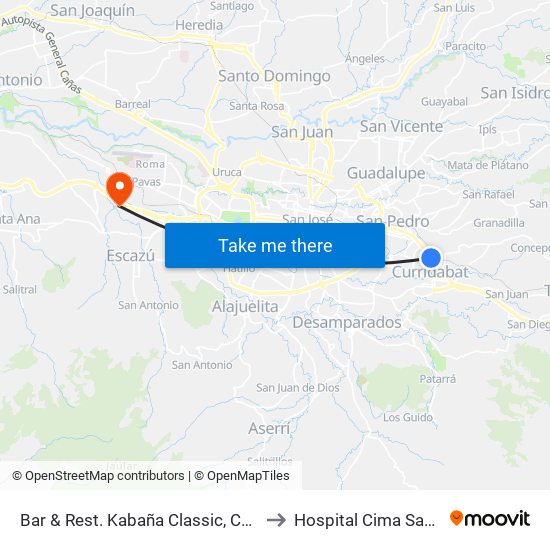 Bar & Rest. Kabaña Classic, Curridabat to Hospital Cima San José map