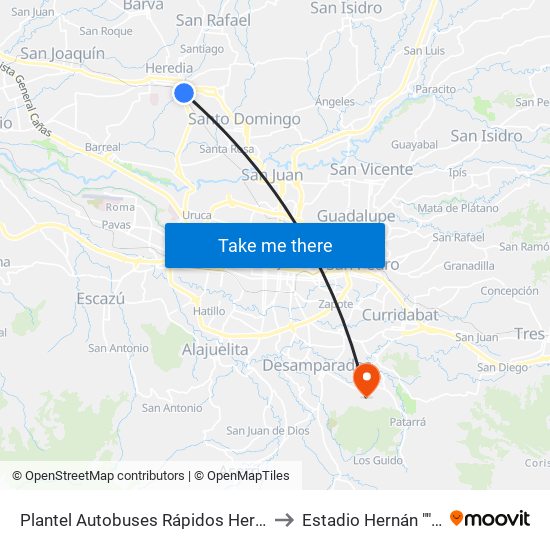 Plantel Autobuses Rápidos Heredianos, Pirro Heredia to Estadio Hernán ""Cuty"" Monge map