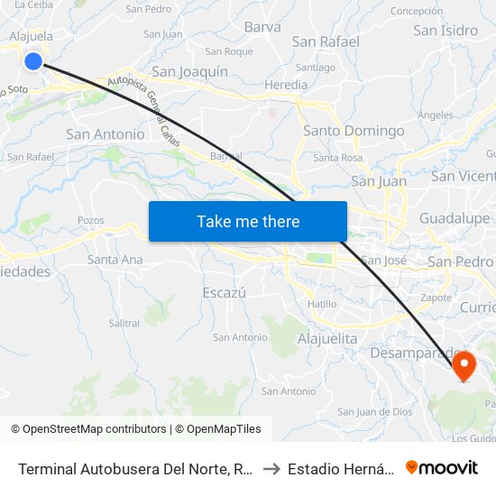 Terminal Autobusera Del Norte, Radial Francisco J. Orlich Alajuela to Estadio Hernán ""Cuty"" Monge map